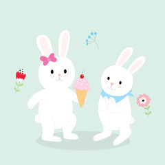 Cartoon cute little rabbits  is giving her brother's ice cream vector.