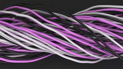 Twisted black, white and purple cables and wires on black surface