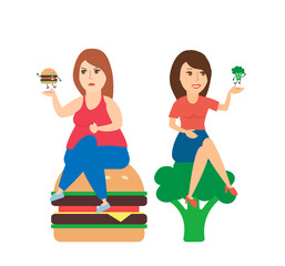 fat woman with burger slim woman with broccoli.weight loss concept