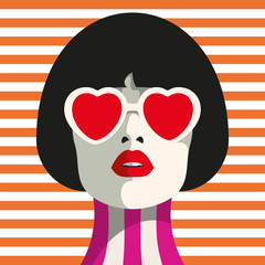 Stylish woman with heart glasses and bob haircut. Seamless geometric pattern. Stripe pattern.