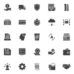 Business communication vector icons set, modern solid symbol collection, filled style pictogram pack. Signs, logo illustration. Set includes icons as business handshake, Newspaper, Delivery truck