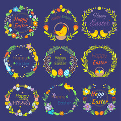 Happy Easter text quote in flowers branch and eggs traditional decoration elements handdrawn badge lettering greeting Easter celebrate card and natural wreath spring flower illustration