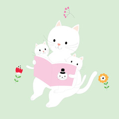 Cartoon cute mother cat reading a book for little cats vector.