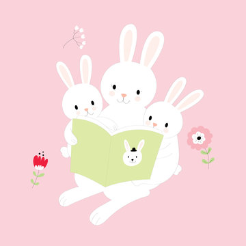 Cartoon cute mother rabbit is reading the fairy tales to little rabbits vector.