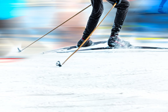 Ski race.
A man running on skis.Tonification.