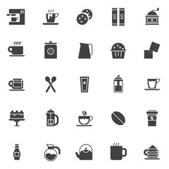 Coffee shop elements vector icons set, modern solid symbol collection, filled style pictogram pack. Signs, logo illustration. Set includes icons as Sweet cookies, Coffee machine and coffee cup