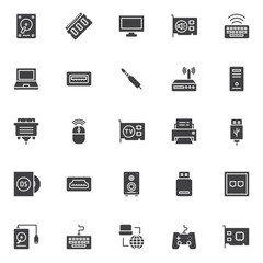 Computer components vector icons set, modern solid symbol collection, filled style pictogram pack. Signs, logo illustration. Set includes icons as HDD, Ram memory, monitor, sound card, keyboard