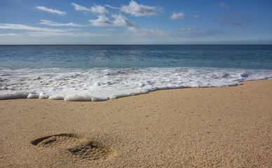 Waves Approach and Threaten to Wash Away a Lone Footprint on the Sandy Divorce Beach of Cabo San Lucas 