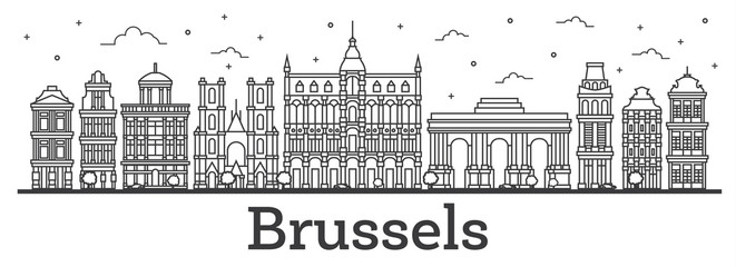 Obraz premium Outline Brussels Belgium City Skyline with Historic Buildings Isolated on White.