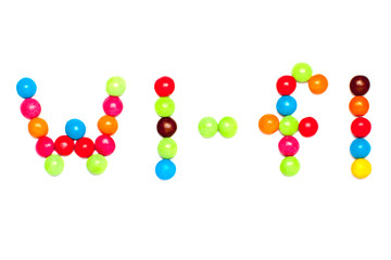 text Wi fi written by colorful candy isolated on white background