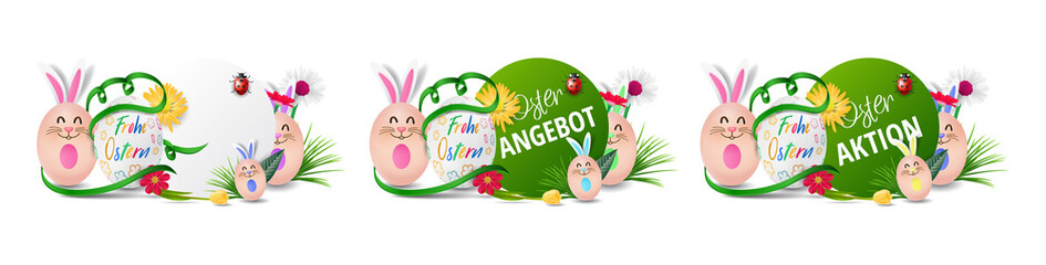 Ostern Aktion Angebot Buttons Set mit Osterhase und bemalten Ostereiern.