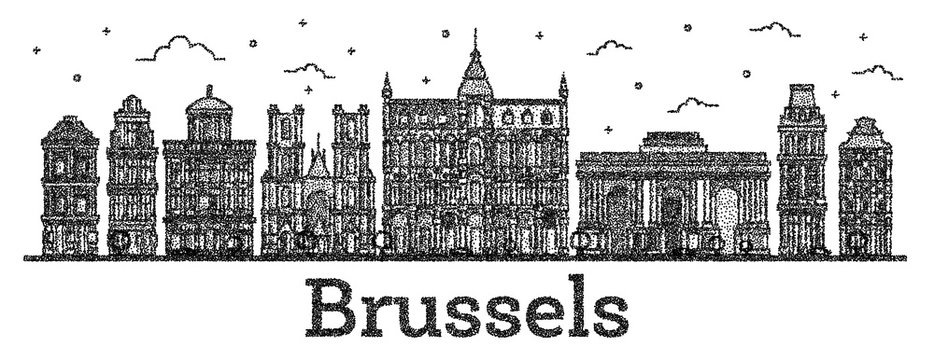 Engraved Brussels Belgium City Skyline with Historic Buildings Isolated on White.