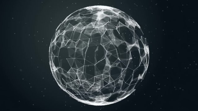 Sphere, globe and space in the form of a plexus. Abstract geometric background with moving lines, dots and triangles. Plexus fantasy abstract technology.
