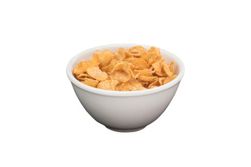 Corn flake cereal in white ceramic bowl isolated on white background with clipping path