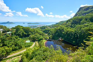 Panoramic view of the coastline of the Seychelles Islands and Eden island