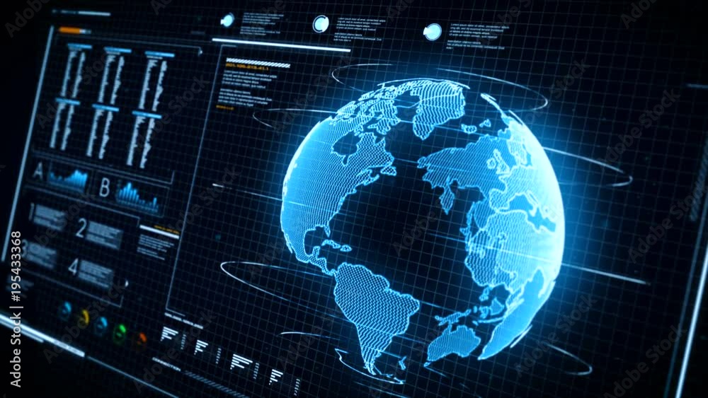 Poster ui user interface dark blue background with world map graph bar pi and hud element for cyber technol