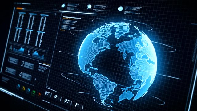 UI User Interface Dark blue background with world map graph bar pi and HUD element for cyber technology and futuristic concept dark and grain processed
