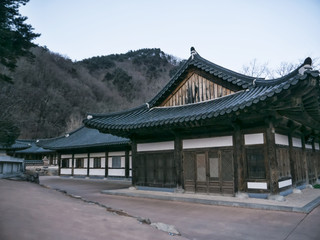 Fototapeta premium Asian houses in Sinheungsa Temple. Seoraksan National Park. South Korea.