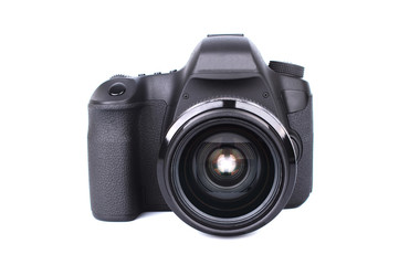 Black DSLR Camera isolated on white background