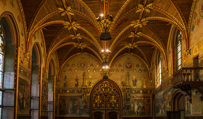 Fototapeta na wymiar Gothic Hall with its late 19th-century murals in the Stadhius city hall off Brugge