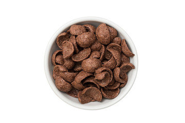 Top view of cocoa flavored cereal in white ceramic bowl isolated on white background with clipping path