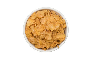 Top view of corn flake cereal in white ceramic bowl isolated on white background with clipping path