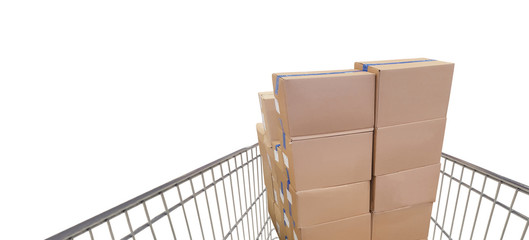 shopping cart in supermarket, boxes and white background