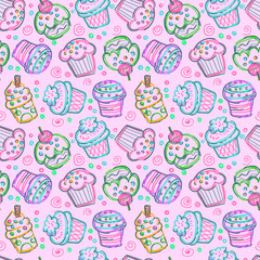 doodle cupcakes seamless pattern