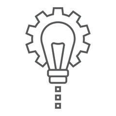 Product Development thin line icon, development and business, lightbulb in gear sign vector graphics, a linear pattern on a white background, eps 10.