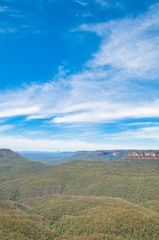 Fototapeta na wymiar Picturesque landscape of vast eucalyptus forest and mountains under spectacular sky. Blue Mountains, Australia