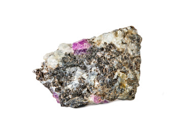 Macro shooting of natural gemstone. Raw mineral ruby in albite. Karelia. Isolated object on a white background.