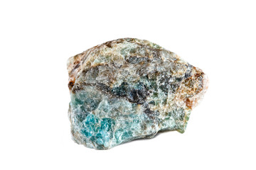 Macro shooting of natural gemstone. Raw mineral Apatite. Madagascar. Isolated object on a white background.