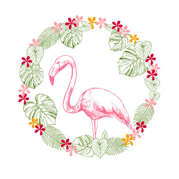 Flamingos and tropical leaves with flowers. Vector sketch  illustration.