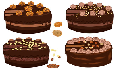 Set of chocolate cake with nuts. Dessert close-up.  Chocolate cake whole with nuts and cream isolated on white background. Vector illustration.
