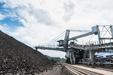 Fototapeta na wymiar Coal stacker and Coal Reclaimer are mining machinery, or mining equipment in the mining industry that large or huge machine used in bulk material handling in stockpile as the Coal Production