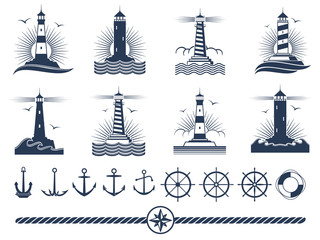 Nautical logos and elements set - anchors lighthouses rope