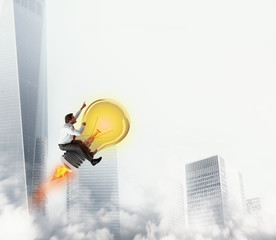 Businessman rides a bulb light to the sky. 3D Rendering