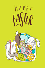 Cute rabbit on the jar with easter eggs and handwritten text