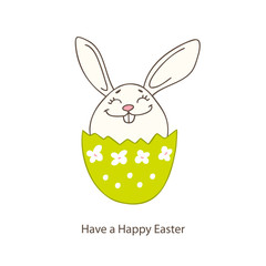 Christian spring holidays greeting card with hand drawn Easter bunny and eggs