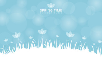 Spring time and flower with bokeh on blue background with place for text.