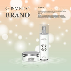 3D realistic cosmetic bottle ads template. Cosmetic brand advertising concept design with glitters and bokeh background