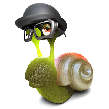 3d Funny cartoon snail bug character wearing a bowler hat