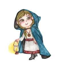 Woman in blue cloak with lantern isolated on white background, Hand Drawn and Painted. watercolor illustration