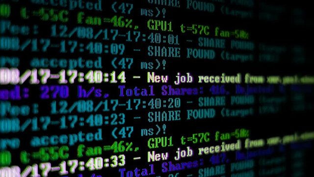 Mining Cryptocurrency process program on display PC. Using Software. Share Found.