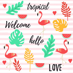 Tropical background with flamingos, watermelon and tropical jungle leaves. Summer vector illustration design. Flamingo background. Monstera leaves art print. Exotic background poster