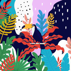 Naklejki  Tropical jungle leaves background with toucan. Summer vector illustration design. Toucan background. Exotic background poster. Tropical leaves art print
