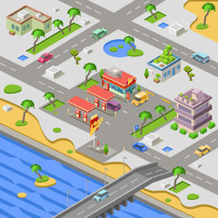 Gas station and city map isometric 3D vector illustration. Isometric cars on petrol station filling fuel at riverside or beach coast town with city plan, street traffic and road marking signs