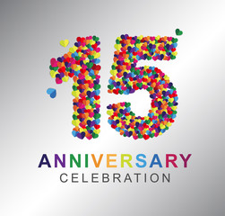 Number fifteen, 15th years made from multicolor hearts. Love alphabet. anniversary, aniversary, fifteen years anniversary celebration logotype. 15th anniversary logo. fifteen years.