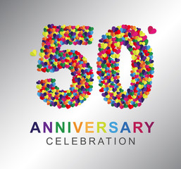 Number fifty, 50th years made from multicolor hearts. Love alphabet. anniversary, aniversary, fifty years anniversary celebration logotype. 50th anniversary logo. fifty years.