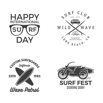 Vintage Surfing Graphics and Emblems for web design or print. Surfer logo templates. Surfing Graphics Templates, Badges. Summer fun. Surfboard elements. Outdoors activity. Vector hipster insignia.